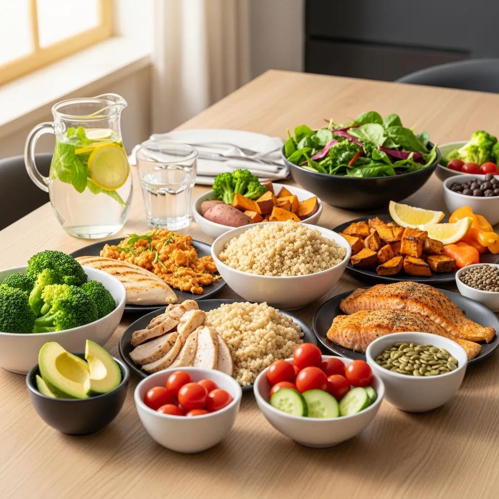 Tisch mit gesunden Lebensmitteln für Endomorphe: komplexe Kohlenhydrate, magere Proteine und viel Gemüse für ausgewogene Ernährung