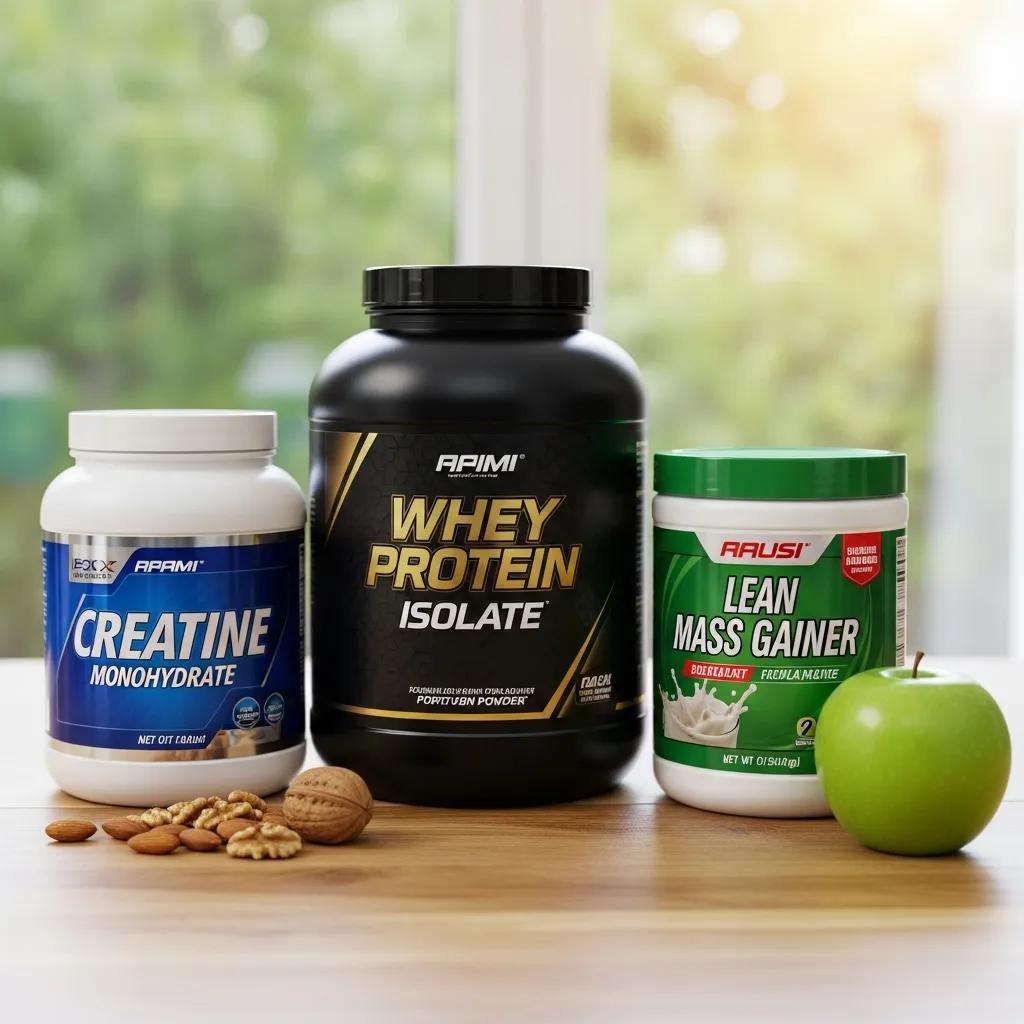 Drei empfehlenswerte Supplements für Ektomorphe: Kreatin, Proteinpulver und ein Lean Gainer auf einem Holztisch