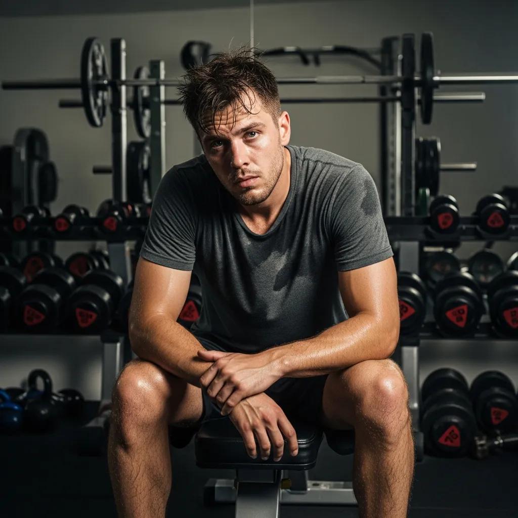 Erschöpfter Sportler im Fitnessstudio – Beispiel für Übertraining