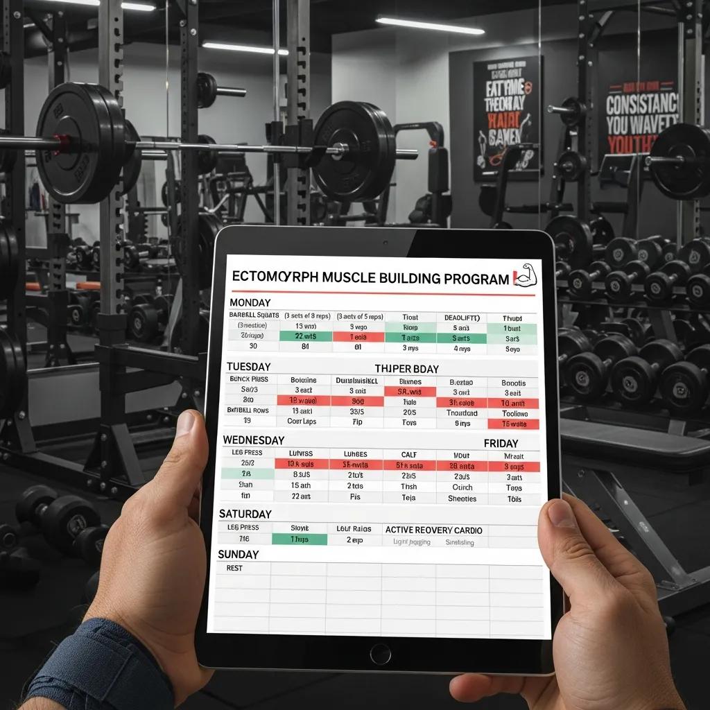 Trainingsplan auf Klemmbrett im Fitnessstudio – Wochenübersicht für Ektomorphe