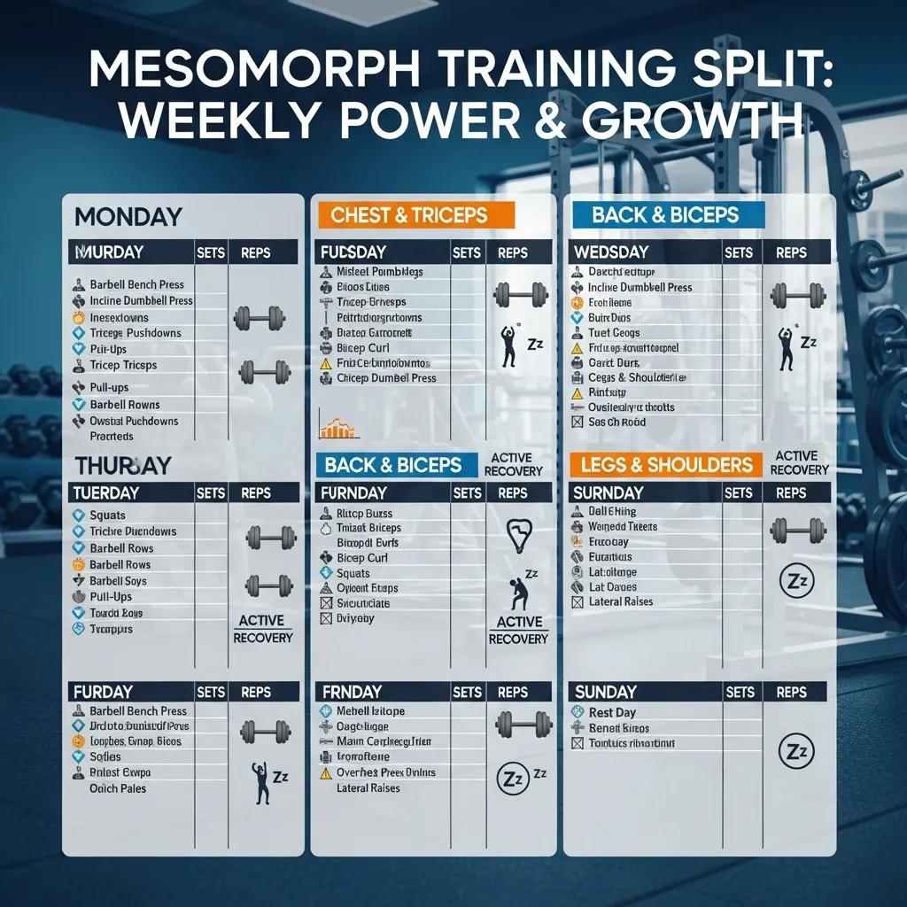 Grafik eines Trainingssplits für Mesomorphe mit Übungen und zu bearbeitenden Muskelgruppen