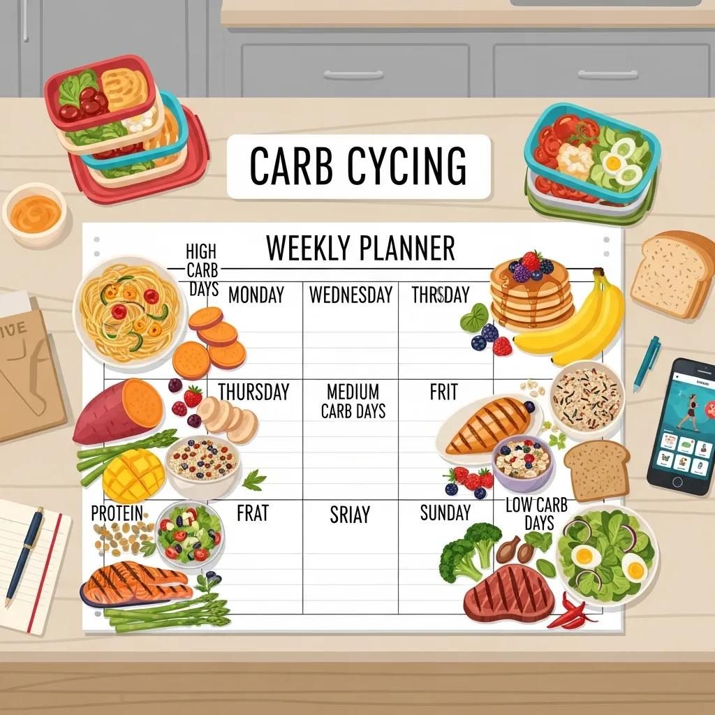 Grafische Darstellung von Carb Cycling mit Wochenplan und bunten Lebensmitteln