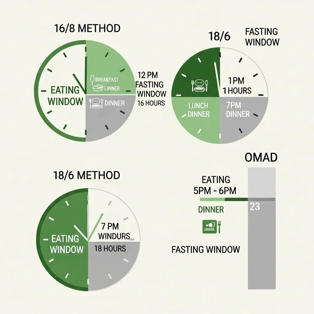 Grafik zu Fastenmethoden wie 16/8, 18/6 und OMAD für Mesomorphe