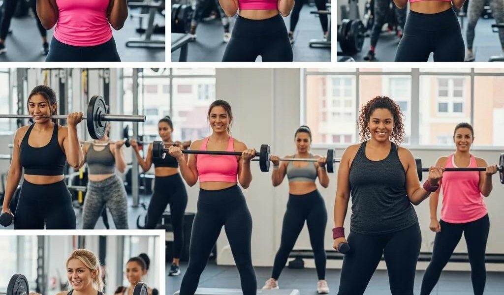 Women exercising together in a gym, showcasing strength training and cardio activities, emphasizing empowerment and fitness for diverse body types.