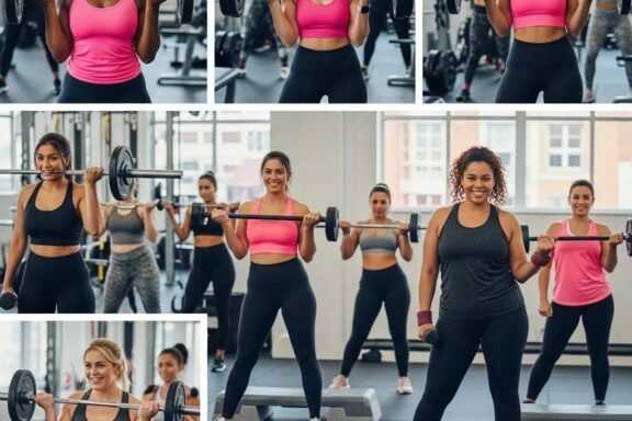 Women exercising together in a gym, showcasing strength training and cardio activities, emphasizing empowerment and fitness for diverse body types.