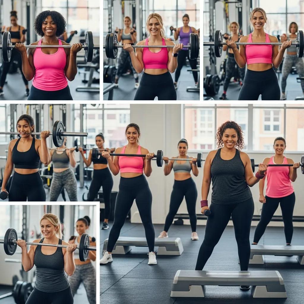Women exercising together in a gym, showcasing strength training and cardio activities, emphasizing empowerment and fitness for diverse body types.
