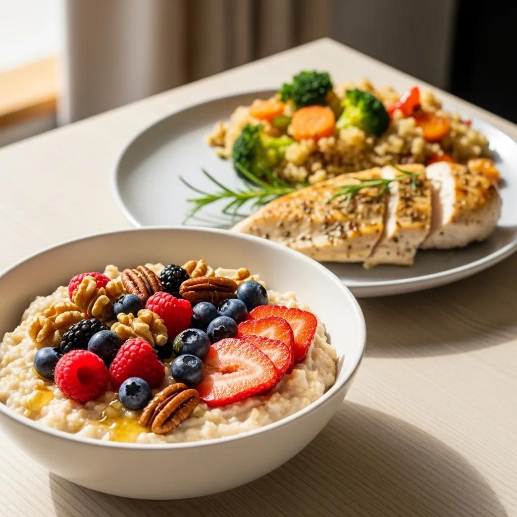 Clean‑Bulk‑Mahlzeit mit Hafer, Hähnchen, Quinoa und Gemüse für Muskelaufbau