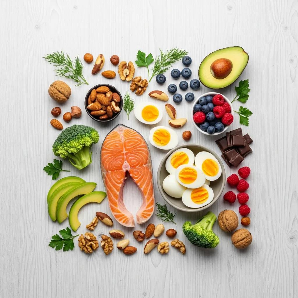 Gesunde Lebensmittel wie Eier, Lachs und Nüsse, die Testosteron unterstützen