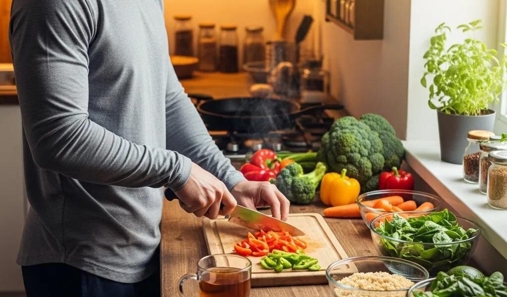Healthy meal preparation for muscle building in winter, featuring fresh ingredients and a cozy kitchen