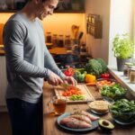 Healthy meal preparation for muscle building in winter, featuring fresh ingredients and a cozy kitchen