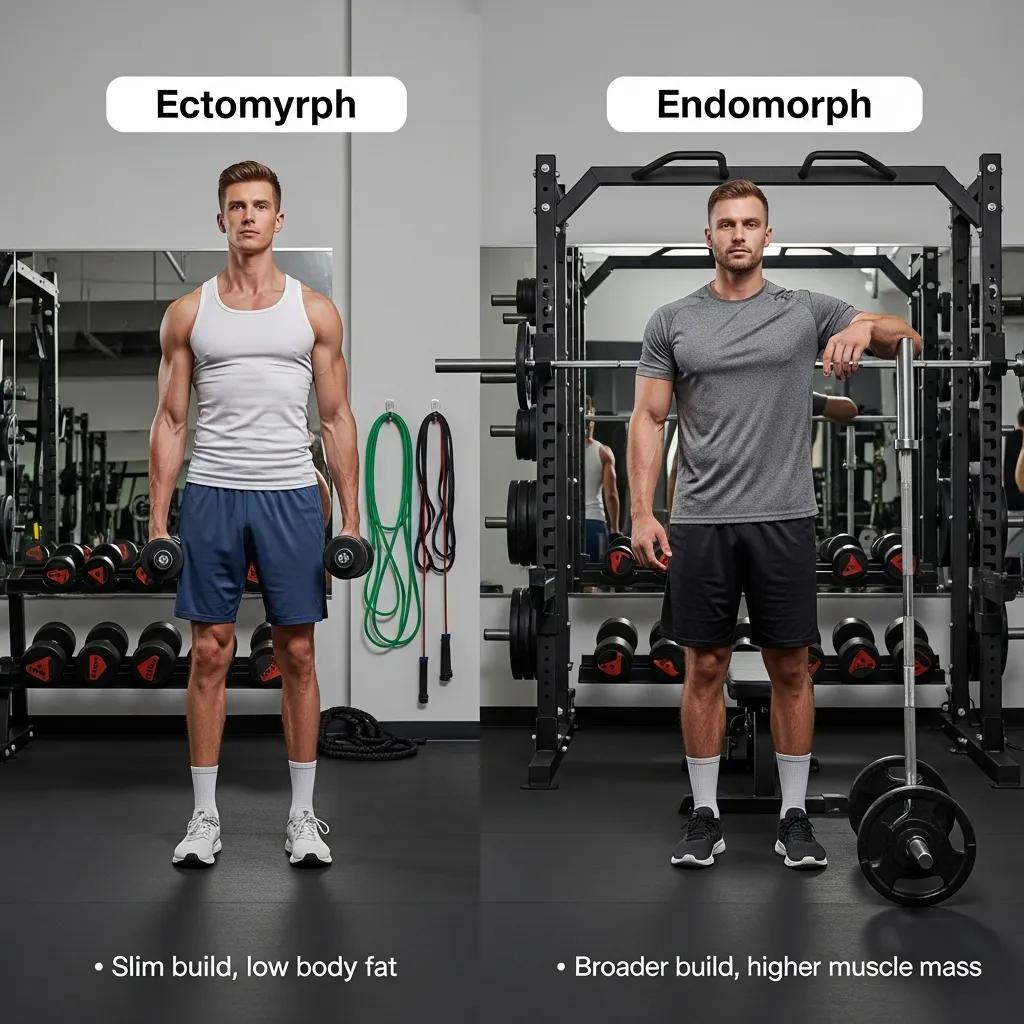 Comparison of ektomorph and endomorph body types, emphasizing differences in muscle mass and body fat in a fitness context