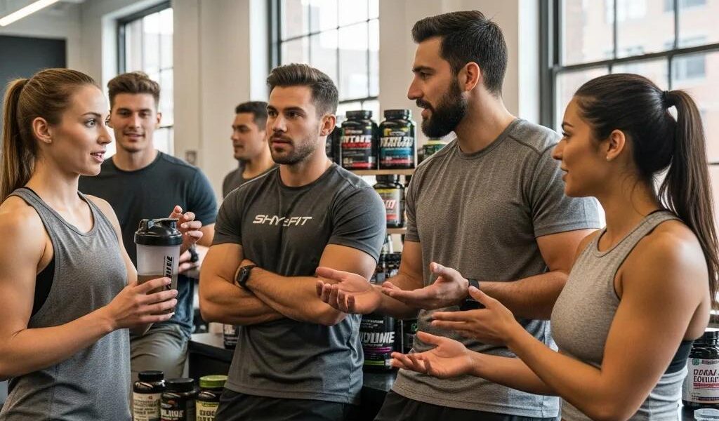 Diverse individuals discussing supplements for different body types in a fitness environment