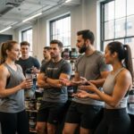 Diverse individuals discussing supplements for different body types in a fitness environment