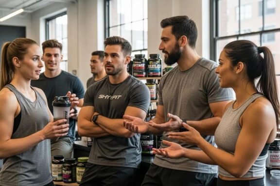 Diverse individuals discussing supplements for different body types in a fitness environment