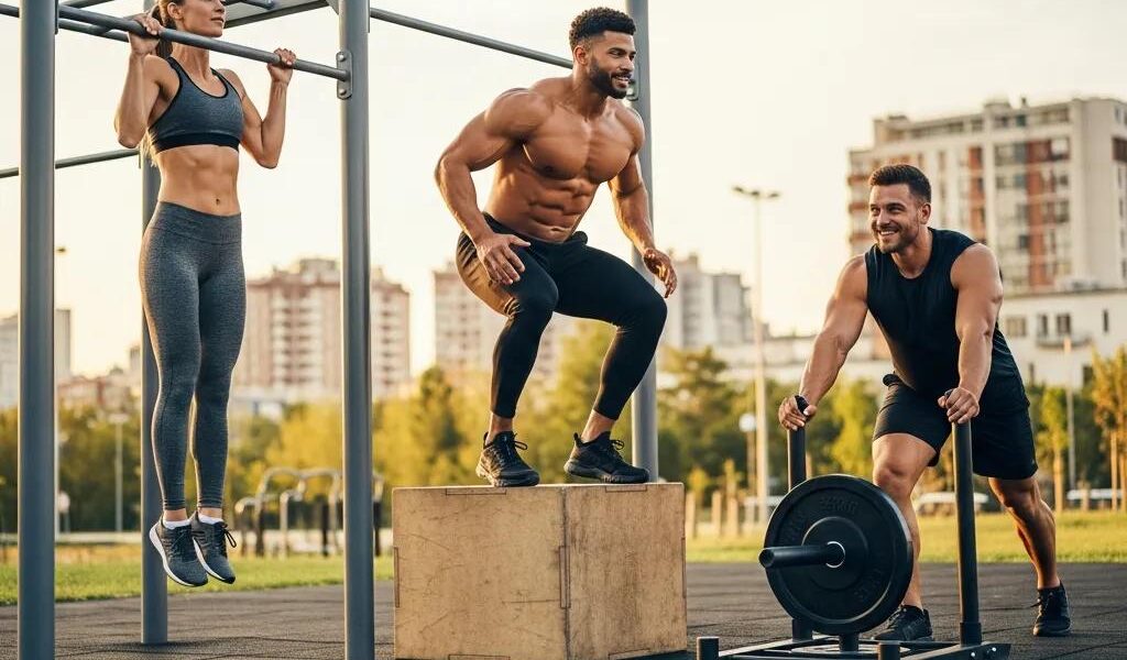 Diverse individuals representing Ektomorph, Mesomorph, and Endomorph body types in a fitness environment