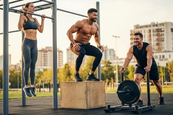 Diverse individuals representing Ektomorph, Mesomorph, and Endomorph body types in a fitness environment