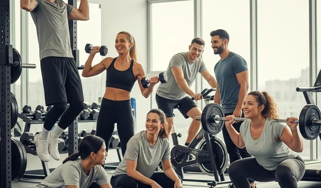 Diverse individuals showcasing different body types engaged in fitness activities