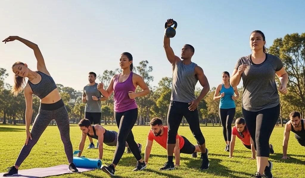 Diverse individuals showcasing different body types engaged in fitness activities, emphasizing the relationship between hormones and body shape