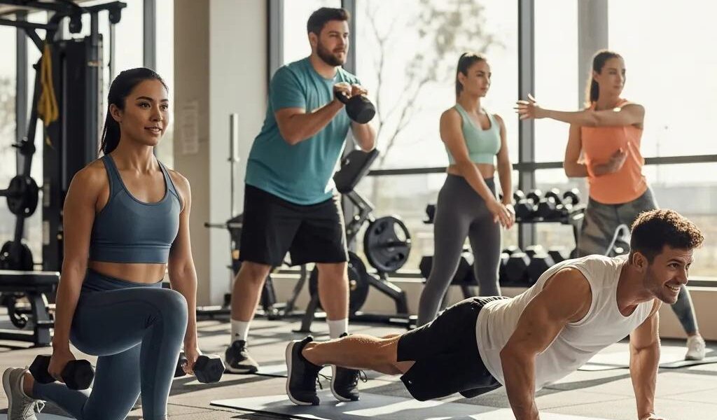 Diverse individuals showcasing different body types in a fitness environment, emphasizing body type recognition