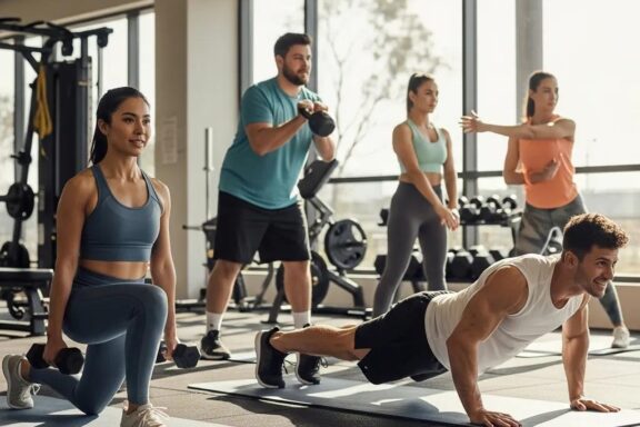Diverse individuals showcasing different body types in a fitness environment, emphasizing body type recognition