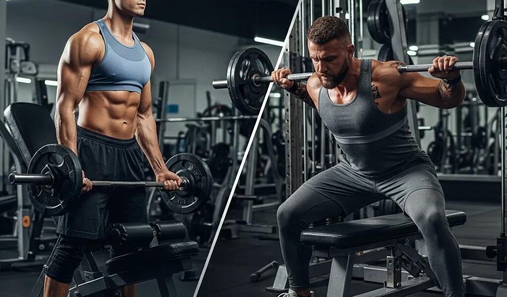 Ektomorph and endomorph training side by side in a gym, showcasing their distinct body types and fitness approaches