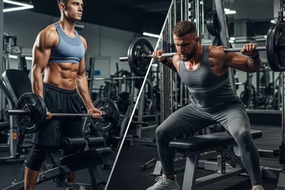 Ektomorph and endomorph training side by side in a gym, showcasing their distinct body types and fitness approaches