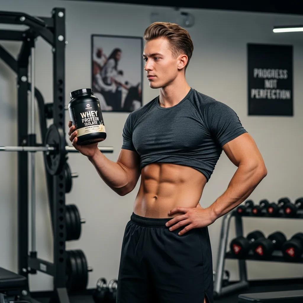 Fit ectomorph individual considering whey protein in a gym environment