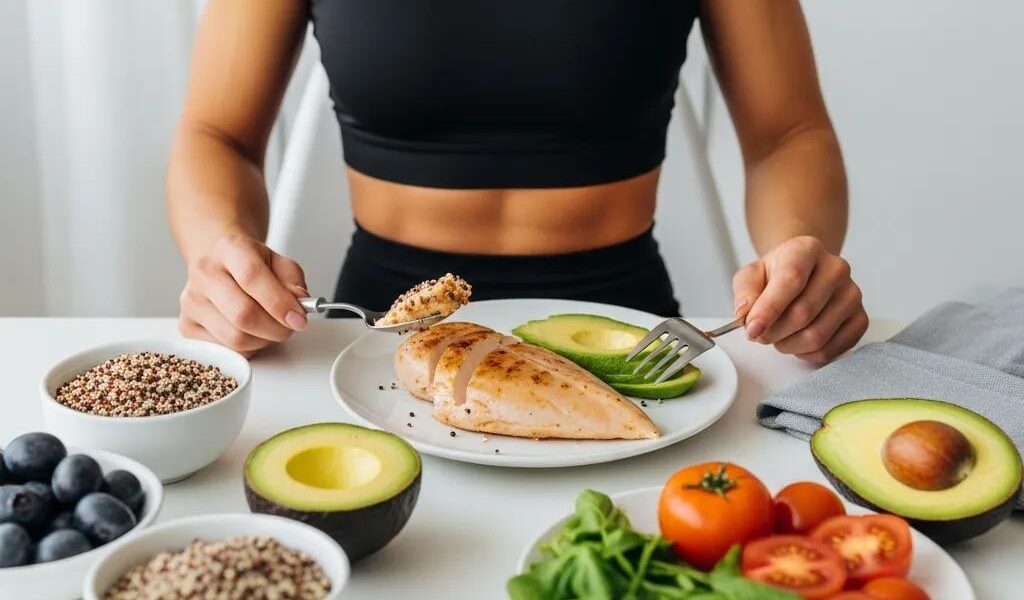 Fit individual enjoying a healthy meal with protein-rich foods, emphasizing muscle building for ectomorphs