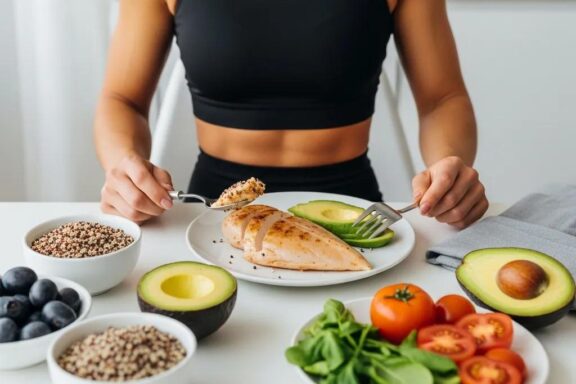 Fit individual enjoying a healthy meal with protein-rich foods, emphasizing muscle building for ectomorphs