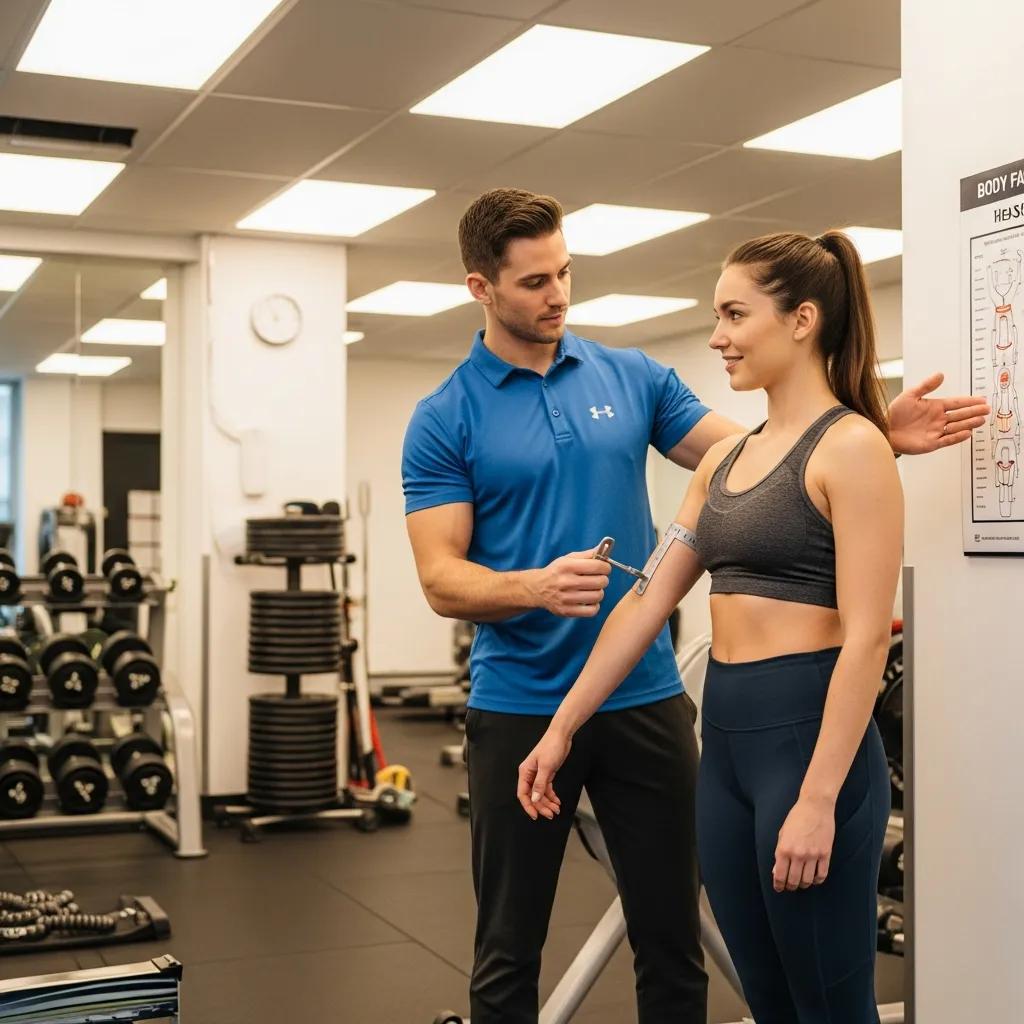 Fitness professional measuring body fat percentage on a client in a gym setting