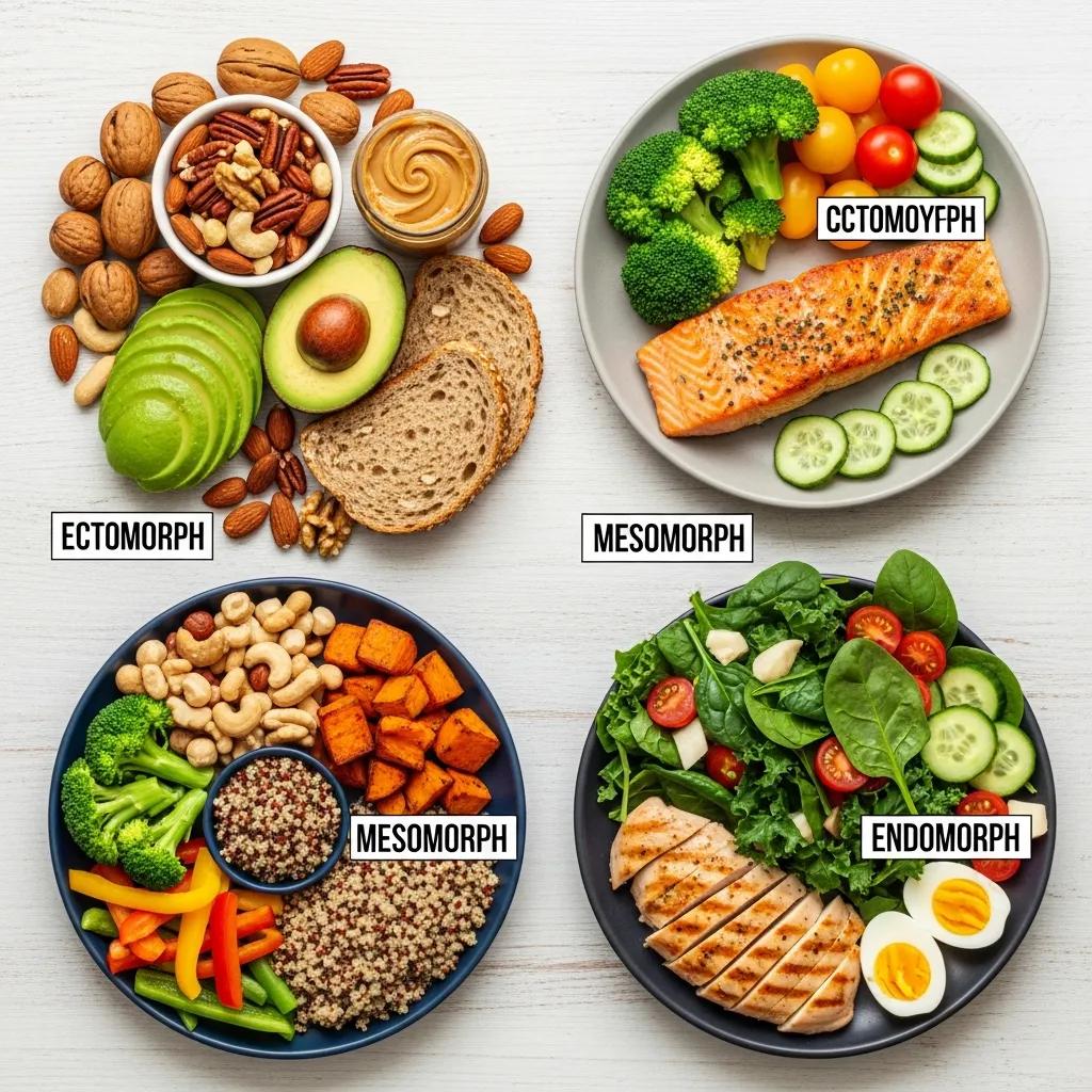 Flat lay of foods for different body types: ectomorph, mesomorph, endomorph