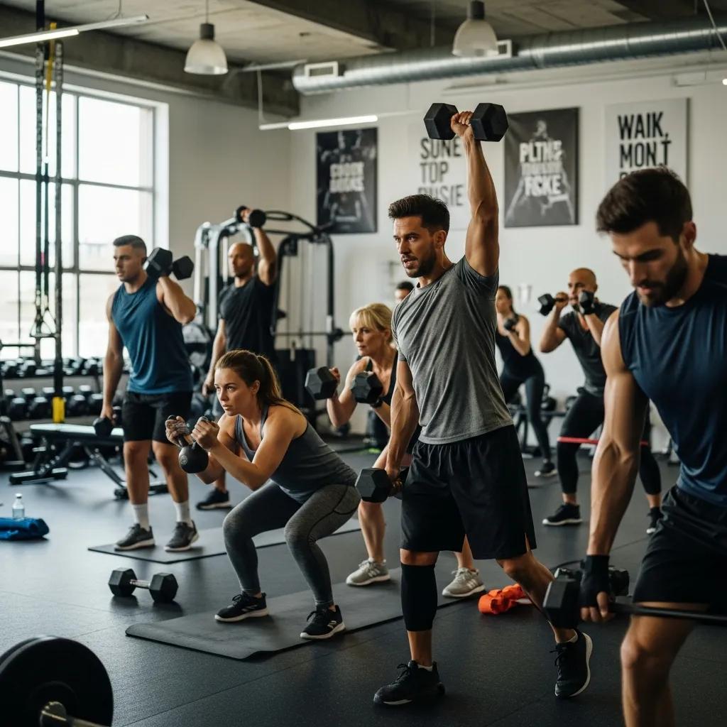 Group fitness class with diverse individuals engaging in strength training exercises