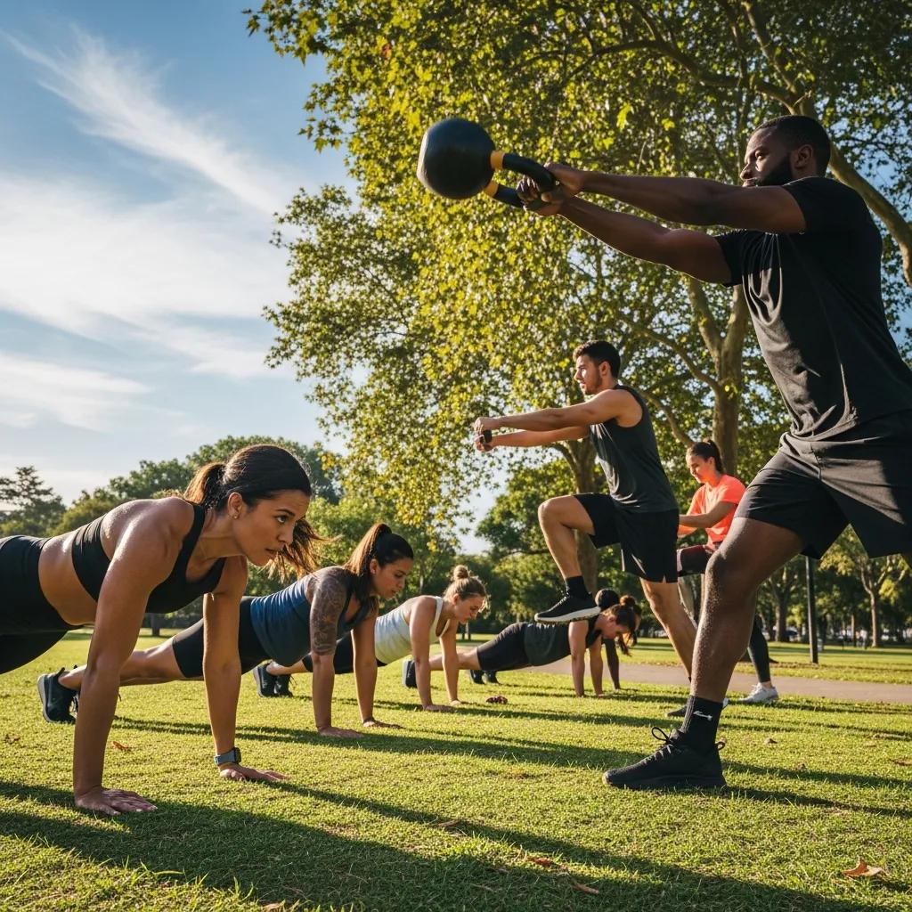 Group of individuals participating in a HIIT workout outdoors, showcasing teamwork and intensity