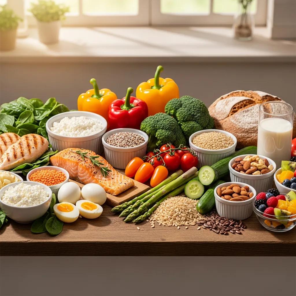 Healthy food arrangement representing dietary recommendations for different body types