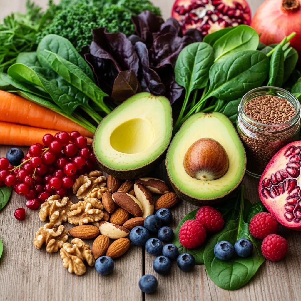 Healthy foods like avocados and nuts that influence hormone levels, arranged on a wooden table to illustrate the connection between diet and hormonal balance