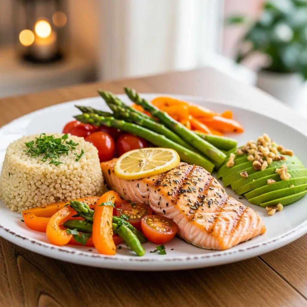 Healthy meal plate for endomorphs, illustrating balanced nutrition with proteins, carbohydrates, and healthy fats