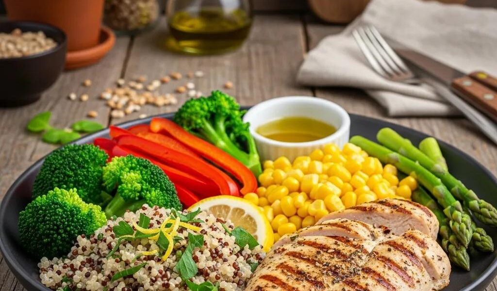 Healthy meal plate for men's nutrition with proteins, carbs, and fats