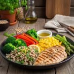 Healthy meal plate for men's nutrition with proteins, carbs, and fats