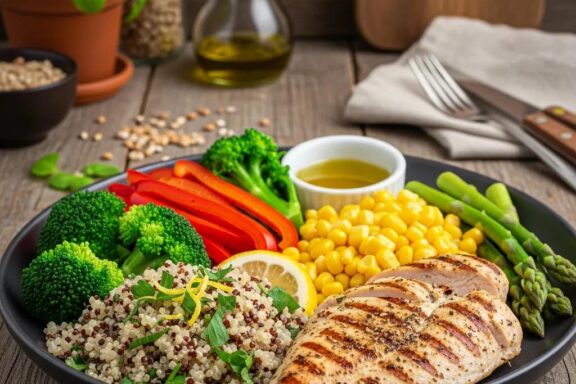 Healthy meal plate for men's nutrition with proteins, carbs, and fats