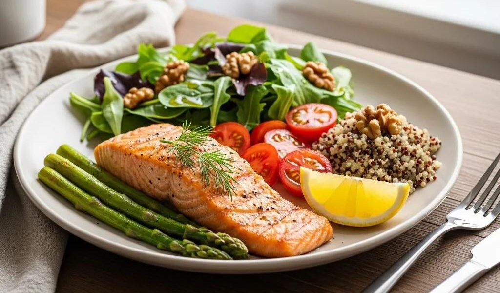 Healthy meal plate with lean proteins and vegetables for endomorphic women