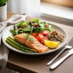 Healthy meal plate with lean proteins and vegetables for endomorphic women