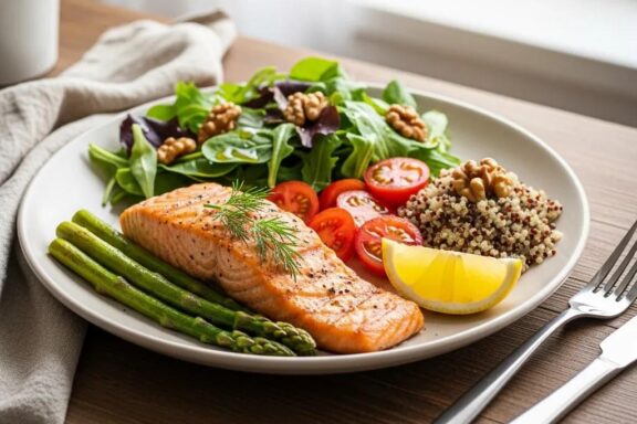 Healthy meal plate with lean proteins and vegetables for endomorphic women