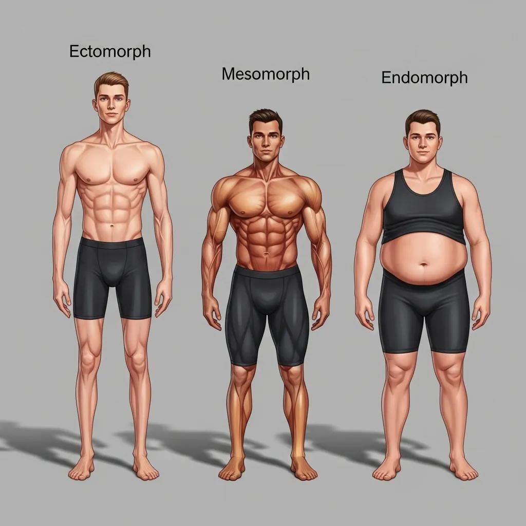 Illustration of Ektomorph, Mesomorph, and Endomorph body types, highlighting their distinct physical characteristics