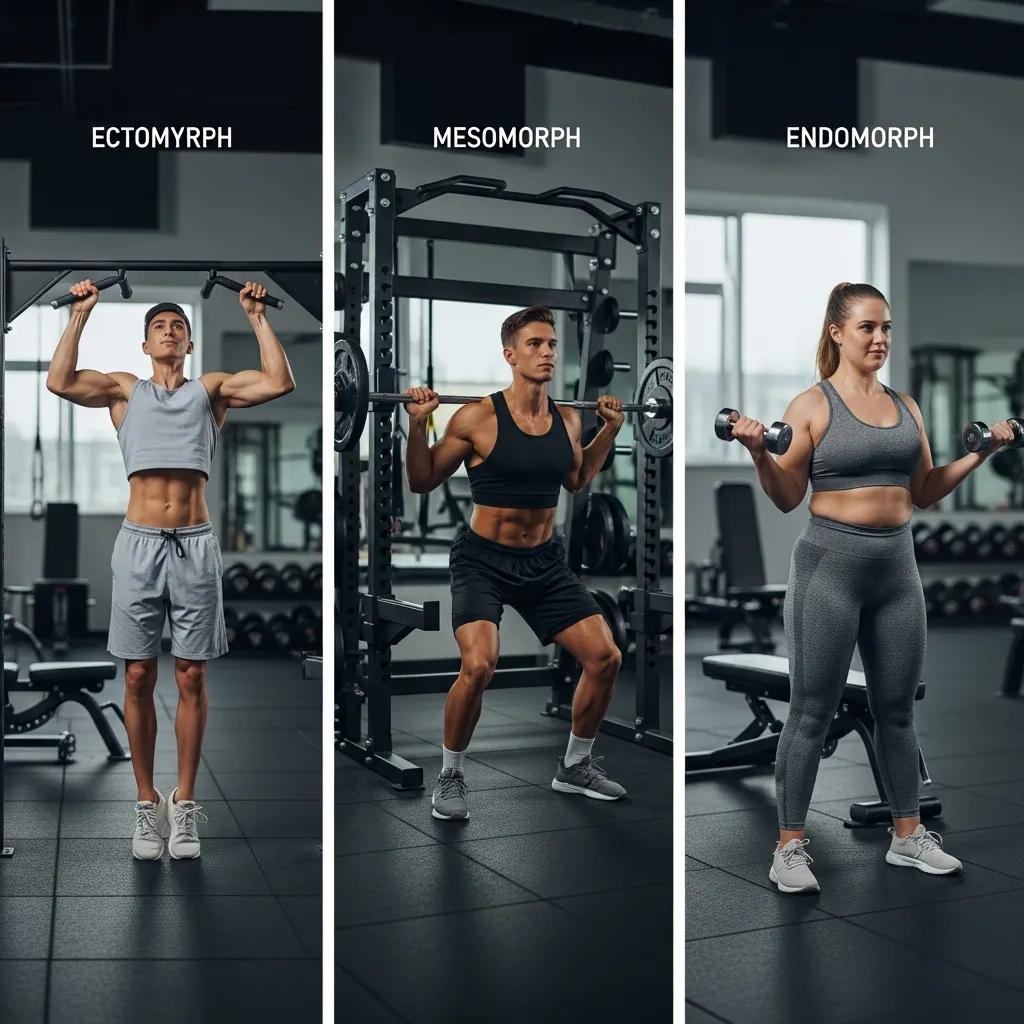 Illustration of three body types in fitness: ectomorph, mesomorph, and endomorph, showcasing their unique characteristics