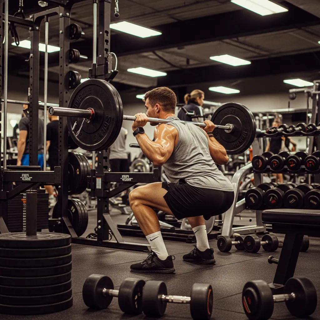 Individual performing a squat in a gym, showcasing effective exercise routines for muscle building