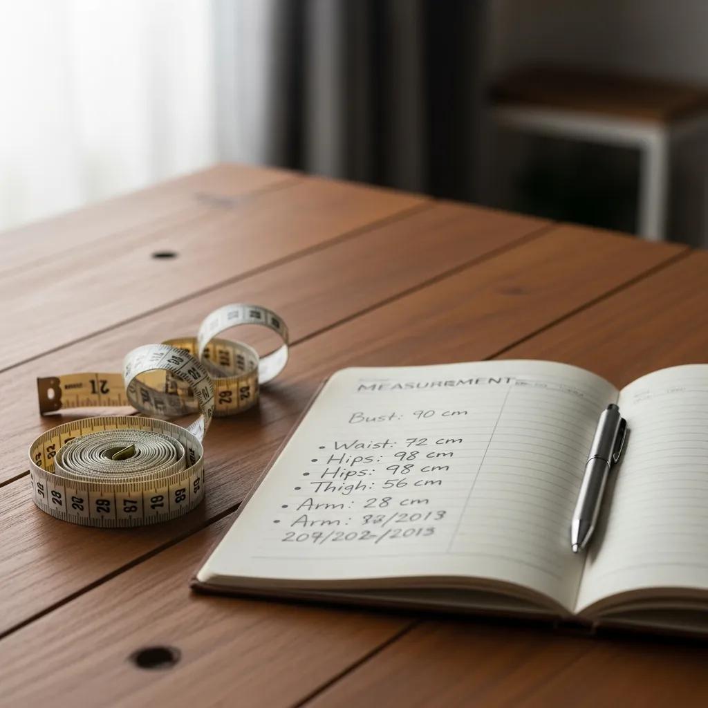 Measuring tape and notebook on a table, symbolizing self-assessment for body type determination