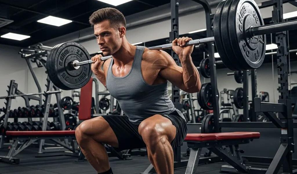 Mesomorph individual performing strength training in a gym, showcasing athleticism and focus