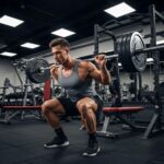 Mesomorph individual performing strength training in a gym, showcasing athleticism and focus