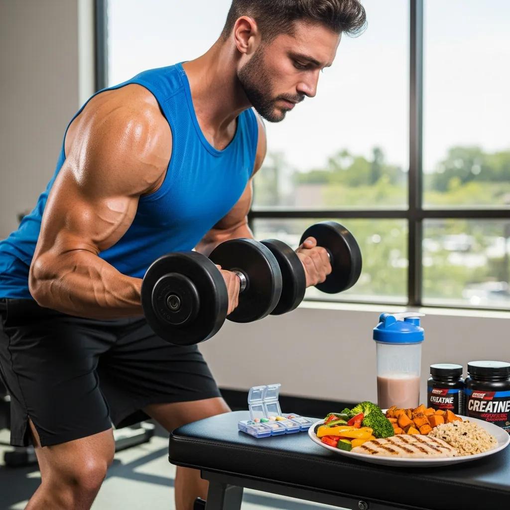 Mesomorph individual working out with a balanced meal and supplements nearby