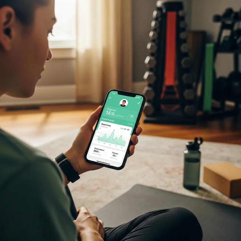 Person using a fitness app on a smartphone to track body metrics and progress in a home setting